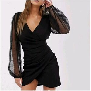 NWT Asos Black Sheer Balloon Sleeve Ruched Wrap Feminine Dobby Mini Dress Size 6